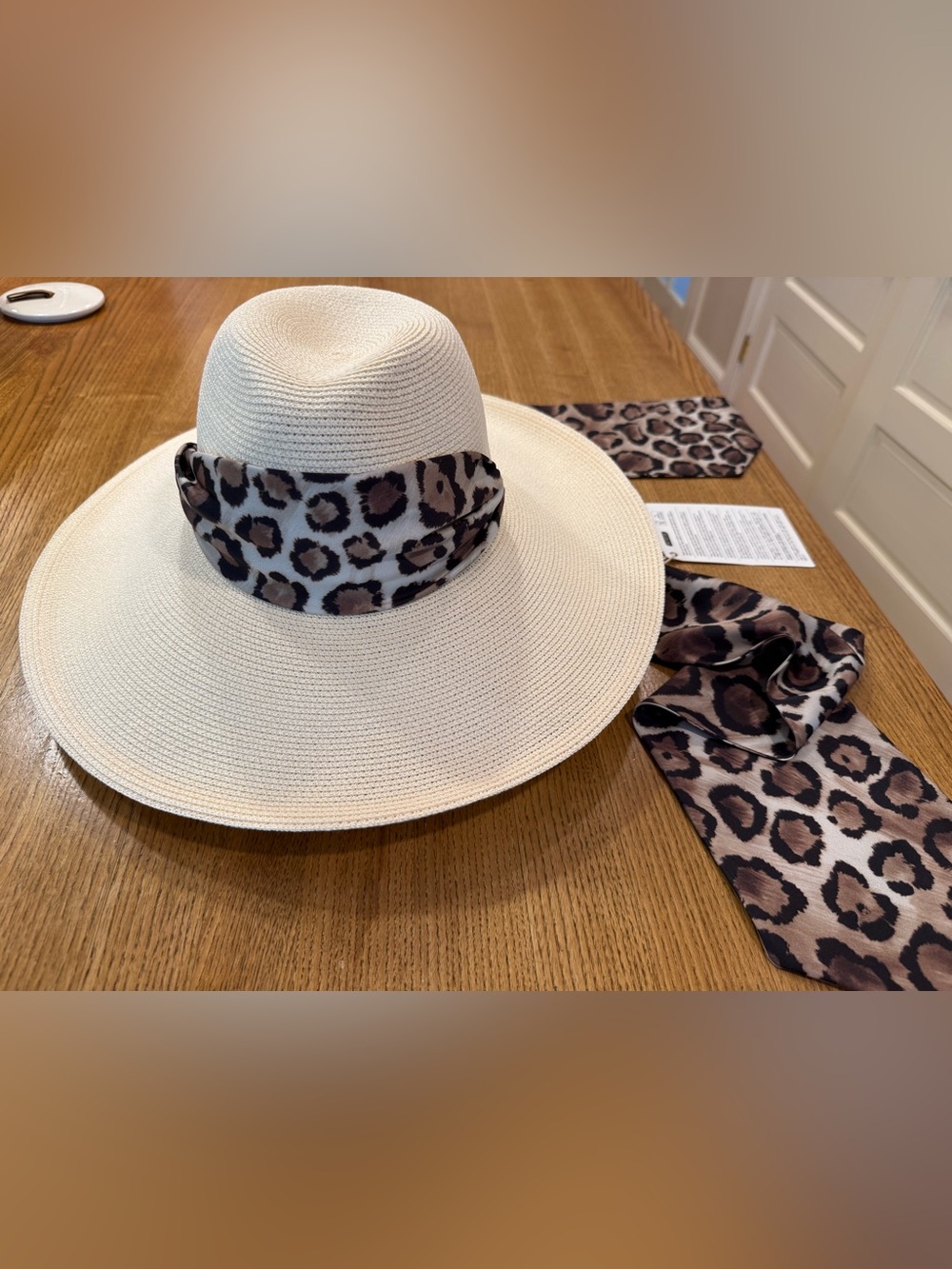 Eugenia Kim Cassidy leopard print satin and faux raffia sun hat - Picture 2 of 3